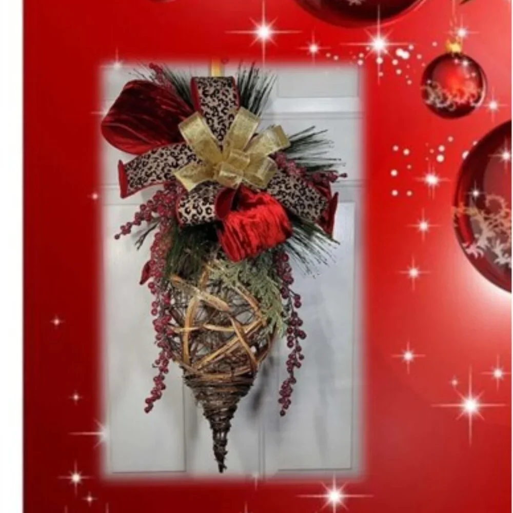 Jumbo Christmas Ornament Hanging Rattan Ornament Drop w Glam Bow, Winter Wreath
